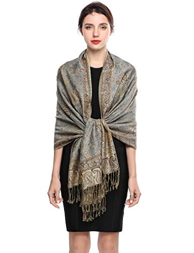 EASE LEAP Sciarpa Pashmina per donna scialle avvolgente caldo di lusso con sensazione di seta Hijab Paisley in colori con frange 200 * 70cm/(18-Grigio bronzo)