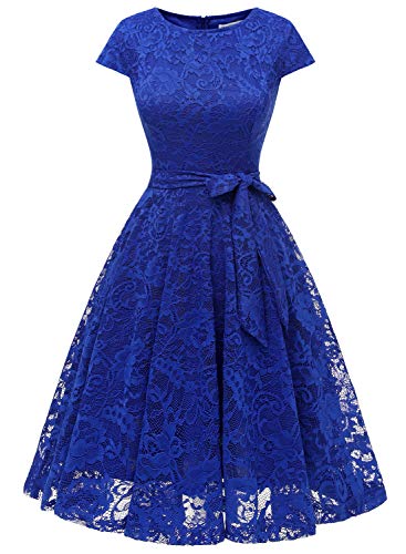 MuaDress Vestito Donna Eleganti da Sposa in Pizzo Girocollo Manica Corta con Cintura per Cerimonia Nuziale 6008Bleu Royal XL