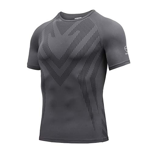 AMZSPORT T-Shirt da Uomo a Manica Corta Sports Compression Shirt da Running a Asciugatura Rapida, Grigio, XL