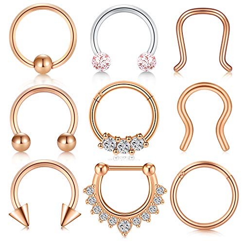 LAURITAMI 9PCS 16G Acciaio Chirurgico Septum Anelli di Naso Cerchio Set Clicker Anelli Cartilagine Helix Tragus Orecchino Cerchio Hinged Segment AnelloCZ Gems Piercing Gioielleria