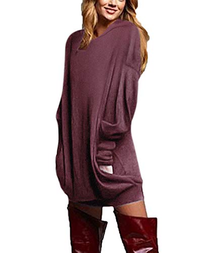 ZANZEA Donna Felpa Lungo con Cappuccio Pullover Maglia Scollo V Manica Lunga Camicetta Sweater Autunno Inverno Partito 03-con Cappuccio Vino Rosso L