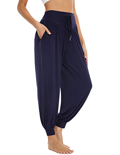 Sykooria Pantaloni da Yoga Donna Larghi Alta Vita Pantaloni Harem Elasticità Modal Cotone con Tasche - Blu Navy S