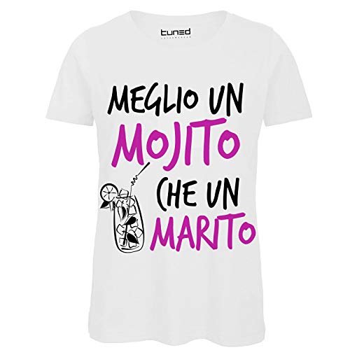 CHEMAGLIETTE! T-Shirt Divertente Donna Maglia Addio al Nubilato Meglio Un Mojito Che Un Marito Tuned, Colore: Bianco, Taglia: XL