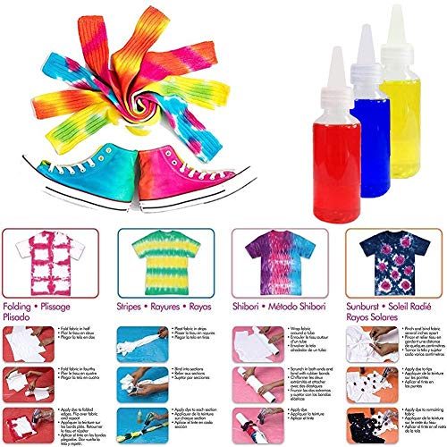 58 pezzi di tinture colorate per bambini, forniture di tinture non tossiche, kit di magliette di tintura con 8 guanti di plastica, polvere di tintura, elastico 40, bottiglie da 50 ml di