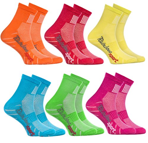 Rainbow Socks - Ragazza Ragazzo Colorate Calzini Sportivi di Cotone - 6 Paia - Naranja Rojo Amarillo Blu Verde Rosa - Taglia 24-29