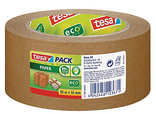 tesapack Carta ecoLogo - Nastro da imballaggio in Carta Ecologica, 60 % di materiale organico - Marrone - 50 m x 50 mm