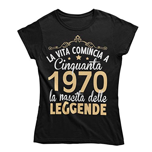 Vulfire Maglietta Donna La Vita Comincia a Cinquanta 1970 Leggende (Nero, S)