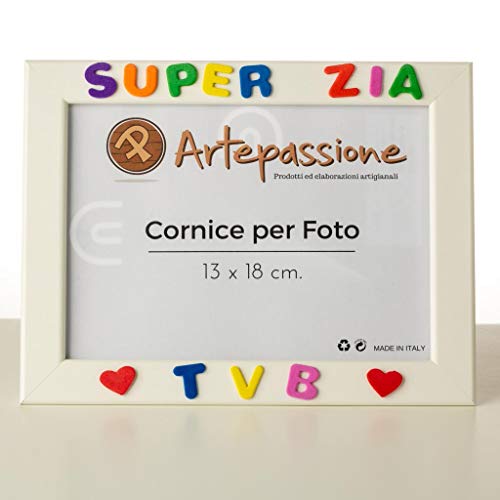 Cornici per foto in legno con la scritta Super Zia TVB e decorata con cuoricini, da appoggiare o appendere, misura 13x18 cm Bianca. Ideale per regalo e ricordo.