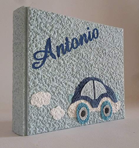 Album fotografico artigianale macchinina AUTOMOBILINA in carta luna con nome INTAGLIATO in tela personalizzabile regalo NASCITA BATTESIMO COMPLEANNO VACANZE BAMBINO