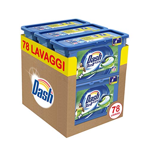Dash Pods 3 in 1 Detersivo Lavatrice, 78 Monodosi Anti Odore, Maxi Formato da 6 x 13 Lavaggi