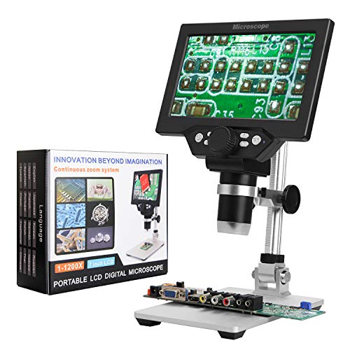 7 Pollici LCD Display 1200X Microscopio Digitale Regolabile con Batteria con 8 Luci a LED per Dimostrazione Didattica del Laboratorio Riparazione del Telefono Cellulare