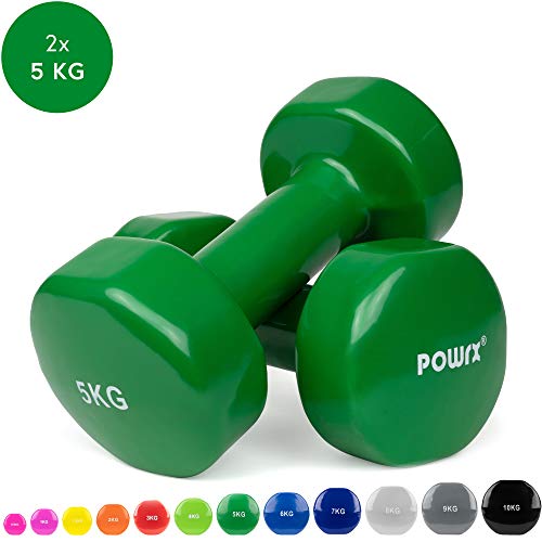 POWRX - Manubri Pesi Vinile 10 kg Set (2 x 5 kg) + PDF Workout (Verde)