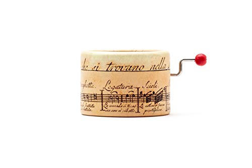 Piccolo carillon manovella decorato con un pentagramma antico e con la melodia La Vie en Rose.