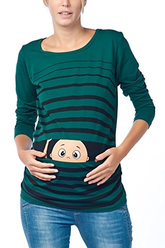 M.M.C. Bambino Guarda - Premaman Divertenti Stampa Impronta Abbigliamento Maglietta di maternità Camicetta a Maniche Lunghe (Verde Scuro, X-Large)