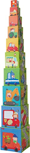 HABA 301524 – Cubo impilabile Flotte Flitzer | Torre da impilare da 10 dadi | mattoncini in cartone con motivi di veicoli colorati | giocattoli a partire dai 12 mesi