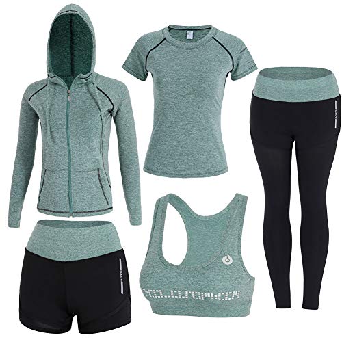 BOTRE 5 Pezzi Tute da Ginnastica Donna Tute Sportive Yoga Fitness Palestra Running Jogging Completi Sportivi Abbigliamento (Verde, M)