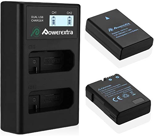 Powerextra 2 x Batteria Sostitutiva Nikon EN-EL14/EN-EL14 Compatibile da 1500mAh e 1 doppio caricatore per D3100 D3200 D3300 D3400 D5100 D5200 D5300 D5500 D5600 Df P7000 P7100 P7700 P7800