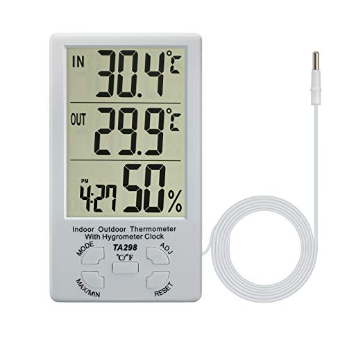 ESYNiC 2 in 1 LCD Termometro Igrometro Digitale per Interno Esterno Misuratore Temperatura C/F Max 50°C Tester umidità Orologio con Supporto e Filo Sensore Sonda 1.5M