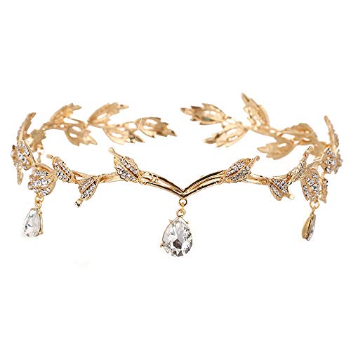 Deer Platz Tiara con Strass e Foglie, Tiara Nuziale Strass Hairband, per Spettacoli, Matrimoni, Balli di Fine Anno e Compleanni(d'oro)