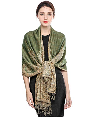 EASE LEAP Sciarpa Pashmina per donna scialle avvolgente caldo di lusso con sensazione di seta Hijab Paisley in colori ricchi con frange 200 * 70cm/(Verde oliva)
