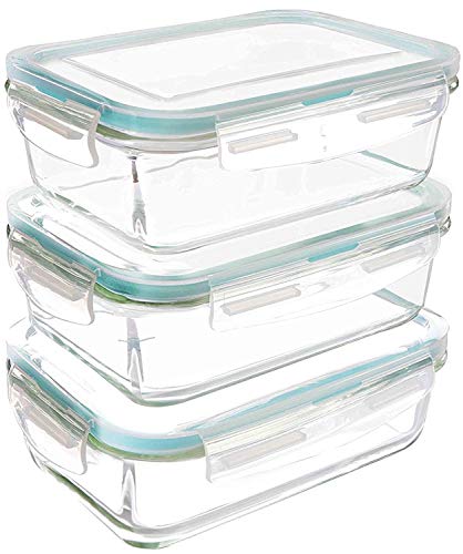 KICHLY Set di contenitori per alimenti in vetro - 6 pezzi (3 contenitori + 3 coperchi)- Coperchi trasparenti - Senza BPA - 840 ml - per cucina domestica o ristorante