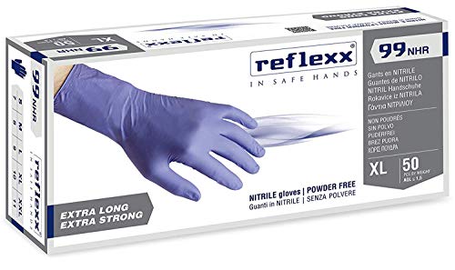 Reflexx R99, Guanti Hi-Risk in Nitrile senza Polvere Gr. 8.9, 50 Pezzi, Blu, L