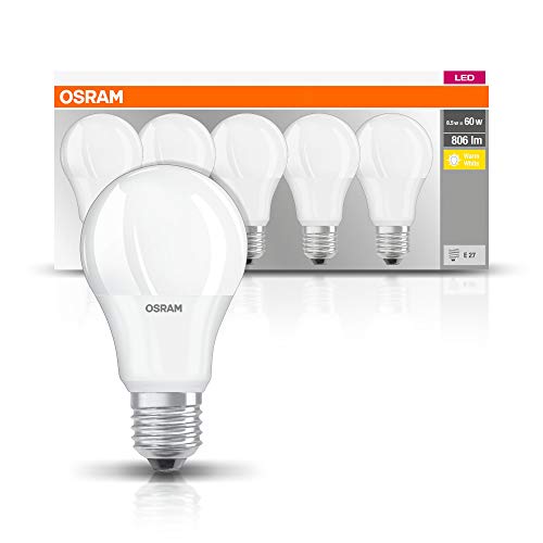 Osram Basecla60 8,5W/827 230Vfr Fs5 Lampadina LED a Goccia, Luce Calda, E27, 60 W Equi 8.5 W, Bianco, 5 unità