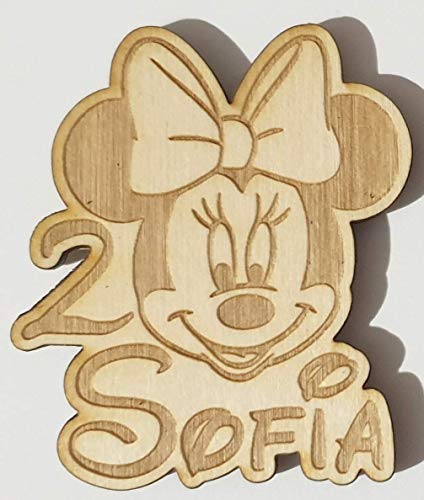 5 PEZZI Calamita personalizzata in legno Minnie per bomboniera primo compleanno o battesimo