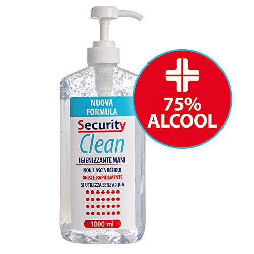 Security Clean Gel Igienizzante Mani 1 Litro Con 75% Alcol Disinfettante Completo di Dosatore, Elimina al 99% Batteri Senza Utilizzo di Acqua (1000 ML Plus)