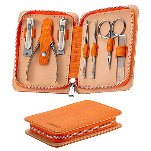 Tagliaunghie Set Professionale, 7 in 1 Manicure e Pedicure Set con Lussuosa Custodia da Viaggio in Pelle Grooming Kit Strumenti, Nail Clippers per Uomo e Donna (Arancia)