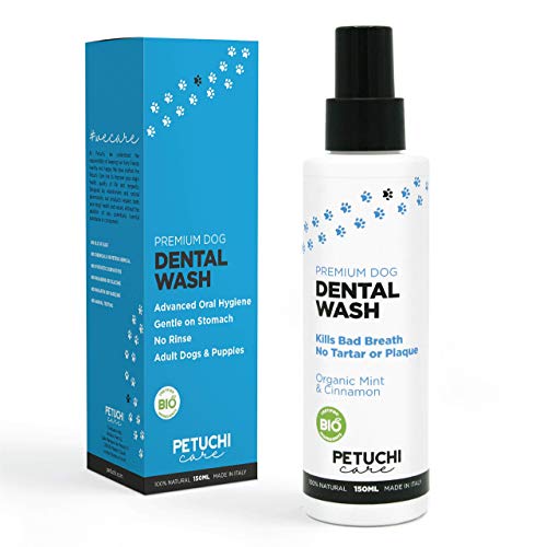PETUCHI Spray Dentifricio per Cani BIO; Combatte l'Alitosi, Il Tartaro e la Placca; 100% Naturale per Stomaco Sensibile; 150ml