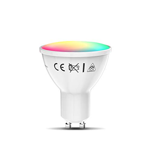 B.K.Licht Lampadina LED smart RGB GU10, luce calda fredda colorata, dimmerabile con App smartphone, adatta al controllo vocale Amazon Alexa, Google Home, lampadina Wi-Fi, 5.5W 350Lm, attacco GU10