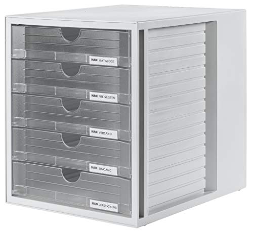 HAN 1450-63, Cassettiera System-Box, design attrattivo ed innovativo con 5 cassetti chiusi, grigio chiaro/traslucente