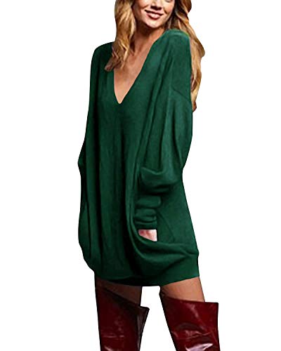 ZANZEA Donna Maglia Manica Lunga Taglie Forti Scollo V Sexy Vestito Maglione Camicetta Pullover Lungo Verde* S