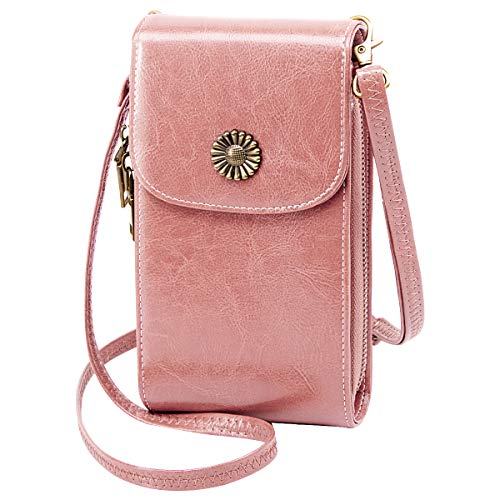 TEUEN Borsa a Tracolla per Cellulare Donna Piccolo Pelle Vera con Tanti Scomparti Borsa Porta Cellulare Tracolla Donna Multitasche, Borsa Portafoglio Donna Tracolla con Cerniera 5 Carte (rosa)