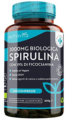 Spirulina Biologica 3000 mg con Ficocianina Grezza 19% - 600 Compresse Vegane - 500mg per Compressa - Prodotto Biologico - Prodotto nel Regno Unito da Nutravita