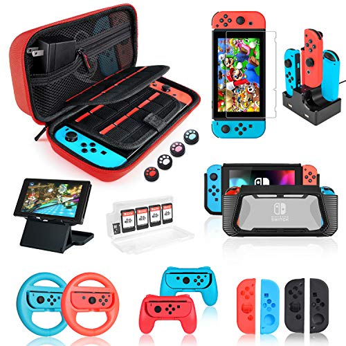 Custodia Protettiva per Accessori per Nintendo Switch 18 in 1 con Protezione per Schermo, Supporto per Gioco, Guscio per Interruttore, Cappuccio per Controller, Impugnatura e Volante, Rosso