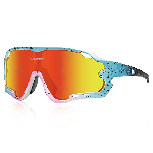Queshark Polarizzati Occhiali Ciclismo con 4 Lenti Intercambiabili Occhiali Bici Occhiali Sportivi da Sole Anti UV da Uomo Donna per Corsa,MTB (Rosa Blu)
