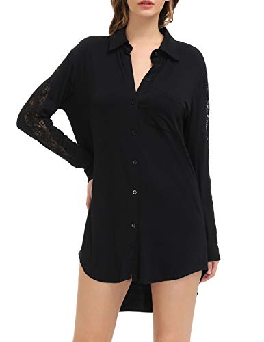 Zexxxy Camicia da Notte Donna Pigiama Vestito Manica Lunga Pizzo Trasparente Elegante Nero