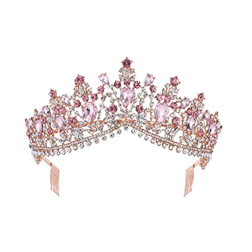 Minkissy donne diadema con il pettine, diademi di cristallo corona di strass fascia delle regina corona principessa sposa per signora donna ragazza (strass dorato e rosa)