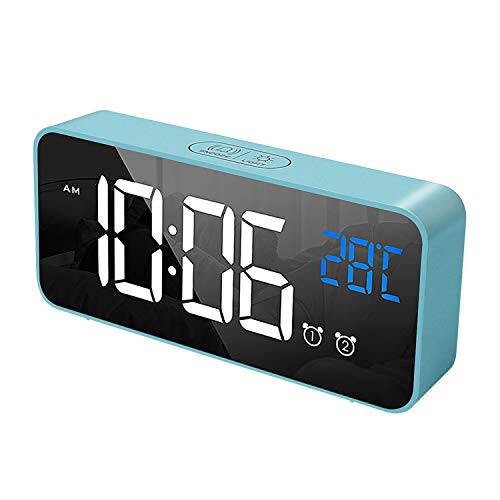 HOMVILLA Sveglia Digitale con Display a LED di Dimensioni, Sveglia a Specchio Portatile con Doppio Allarme Snooze Time 4 Livelli d i Luminosità Regolabile Dimmer 13 Music Porta di Ricarica USB (Blu)