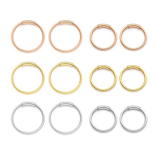 Zysta Set di 6 Paia Orecchini a Cerchio Anelli per Donna in Acciaio Inox 20ga 8/10mm Piercing per Corpo Naso Labbro Trago Sopracciglio Colore Nero Argento Oro Oro-rosa -#2