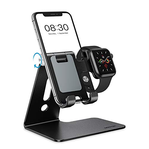 OMOTON 2 in 1 Supporto per Apple Watch, Supporto Regolabile Scrivania per iWatch e iPhone, Dock per Apple Watch SE/6/5/4/3/2/1(38 mm/40 mm/42 mm/44 mm), Porta per iPhone 12, SE 2020, 11, XS, Nero