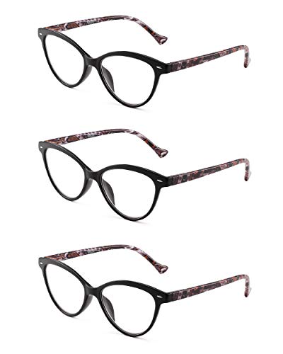 3 Pacco Designer Moda Occhiali da Lettura Occhio di Gatto Cerniera a Molla Occhiali da Vista per Lettori Donna +1.25 Nero