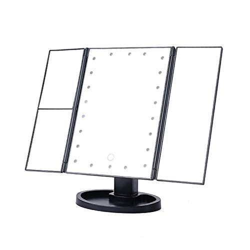 Specchio per il trucco, Specchio per ingrandimenti trittico con 22 LED, Specchio Illuminato 3X 2X con Touch Screen, Doppio Alimentatore, ruotabile di 180 Gradi (Colore : Nero)