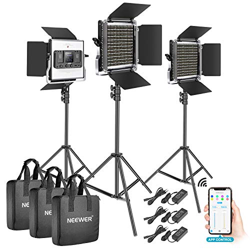 Neewer 3 Kit d’Illuminazione Luce 528 LED Dimmerabile Bicolore 3200-5600K Gestione via APP Intelligente, LCD Display, con Stativo per Illuminazione di YouTube Riprese in Studio in Esterni