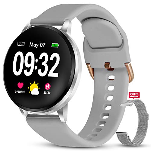 GOKOO Smartwatch Donna Uomo IP67 Impermeabile Full Touch Screen Cardiofrequenzimetro e Contapassi e Calorie da Polso Cinturino in Metallo siliconico Fitness Tracker Compatibile Android e iOS (Argento)