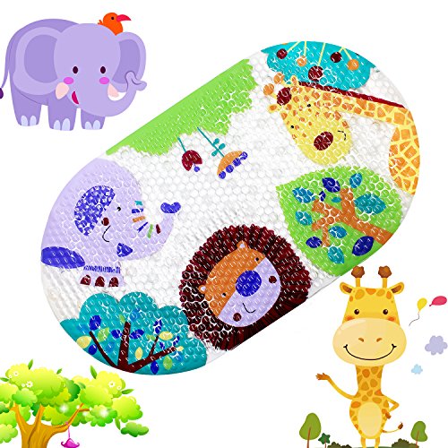 Topsky Tappetino antiscivolo, da doccia o vasca per bambini, con ventose e stampa di animali a colori vivaci, 39 cm x 69 cm Colorful Zoo