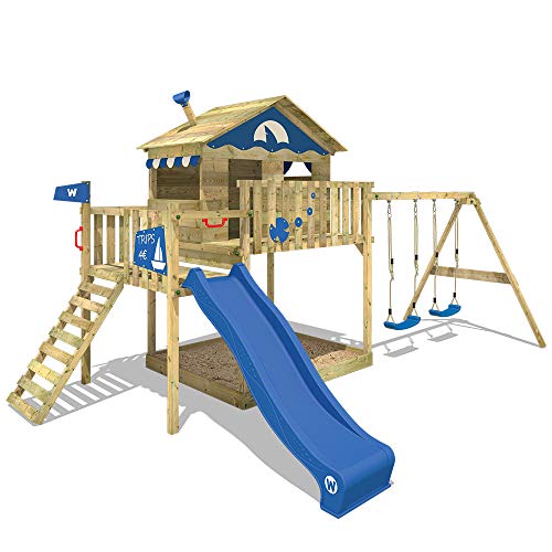 WICKEY Parco giochi in legno Smart Coast Giochi da giardino con altalena e scivolo blu, Casetta arrampicata da gioco con sabbiera per bambini