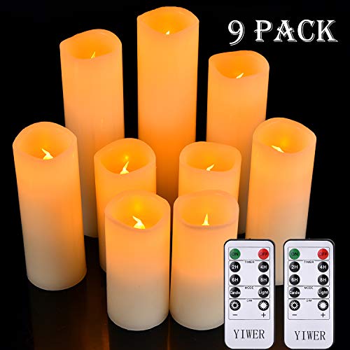 YIWER Set di 9 Candele a LED, Φ2.2in x H4''5''6''7''8''9'' Vera Cera Non plastica pilastri 10-Key Telecomando con 2/4/6/8-hours Funzione Timer, 300 Hours (9X1, Avorio)